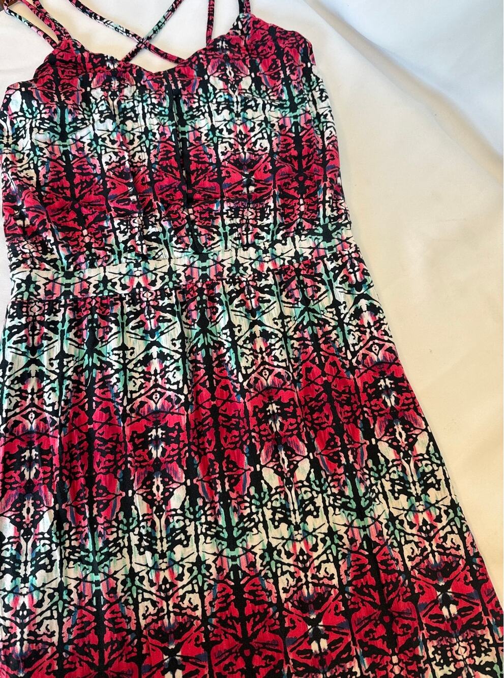 Pink Teal Maxi Dress Womens Medium Abstract Aztec Print Cross Back Side Slit